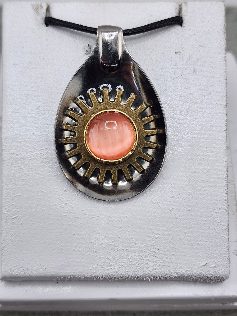 Sunburst Teardrop Pendant Necklace with Coral Cabochon